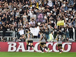 Juventus' Dusan Vlahovic celebrates scoring their third goal with teammates on September 16, 2023