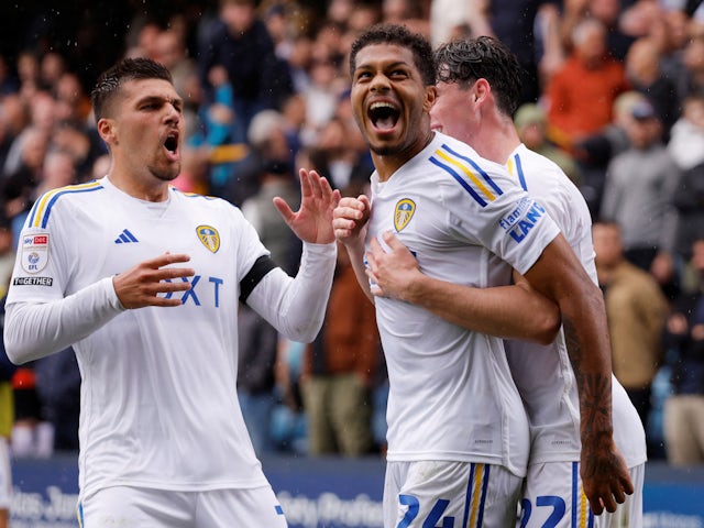 Leeds United's Georginio Rutter celebrates scoring their third goal with teammates on September 17, 2023