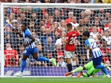 Brighton & Hove Albion's Danny Welbeck celebrates scoring against Manchester United on September 16, 2023