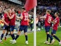 Norway's Erling Braut Haaland celebrates scoring their first goal with teammates on September 12, 2023