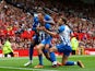 Brighton & Hove Albion's Pascal Gross celebrates scoring their second goal with Danny Welbeck and Adam Lallana on September 16, 2023