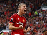 Manchester United forward Rasmus Hojlund celebrates scoring a goal which was disallowed on September 16, 2023