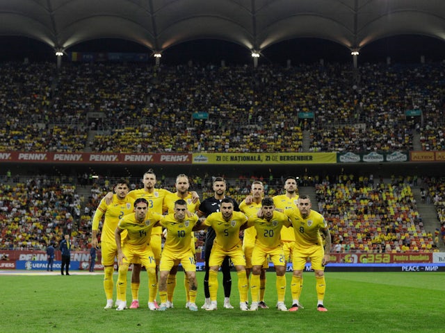 Romania players pose for a team group photo before the match on September 12, 2023