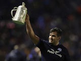 Scotland's Stuart McInally celebrates with the Calcutta Cup after winning the match in February 2022