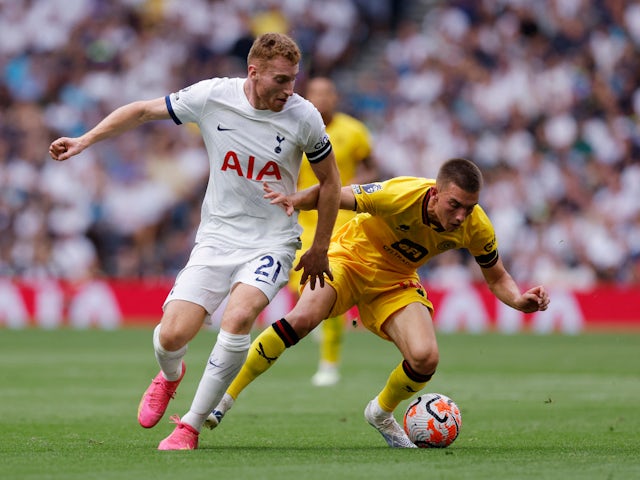 Tottenham Hotspur's Dejan Kulusevski in action with Sheffield United's Luke Thomas on September 16, 2023