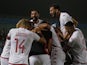 Tunisia's Hamza Rafia celebrates scoring their third goal with teammates on September 12, 2023