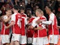 Arsenal's Bukayo Saka celebrates scoring their first goal with teammates on September 20, 2023