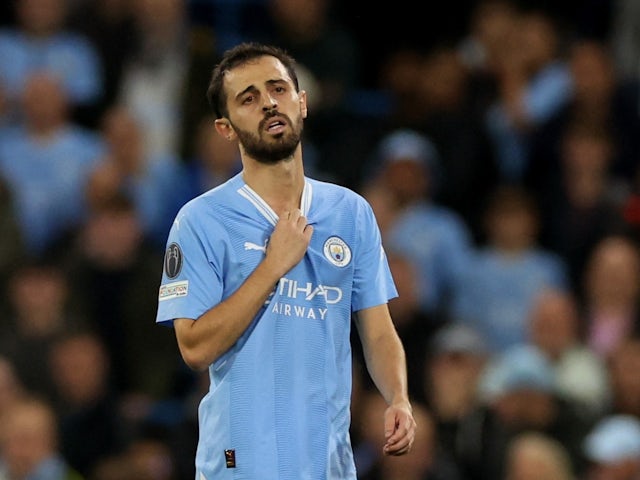 Manchester City's Bernardo Silva reacts after being substituted on September 19, 2023
