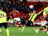 Nottingham Forest's Callum Hudson-Odoi scores their first goal on September 18, 2023