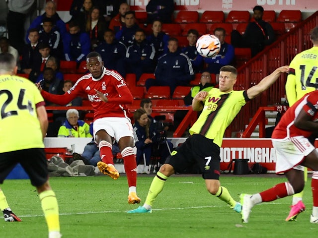 Nottingham Forest's Callum Hudson-Odoi scores their first goal on September 18, 2023
