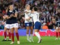 England's Lucy Bronze celebrates scoring their first goal with Rachel Daly on September 22, 2023