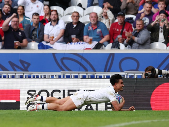 England's Marcus Smith scores their fifth try on September 23, 2023