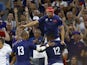 France's Jonathan Danty celebrates scoring their second try with Louis Bielle-Biarrey and Gael Fickou on September 21, 2023