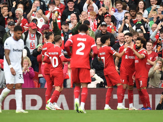 Liverpool's Mohamed Salah celebrates scoring their first goal on September 24, 2023