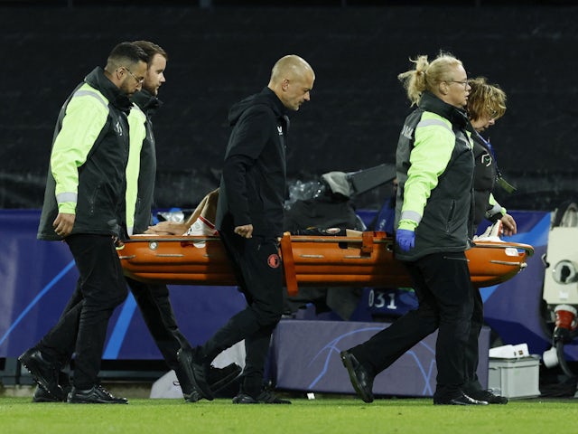 Feyenoord's Luka Ivanusec reacts as he is stretchered off after sustaining an injury on September 19, 2023