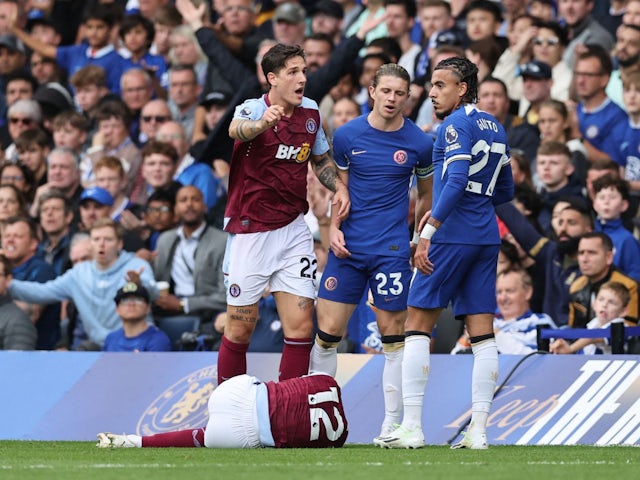 Aston Villa's Lucas Digne reacts after a challenge from Chelsea's Malo Gusto on September 24, 2023