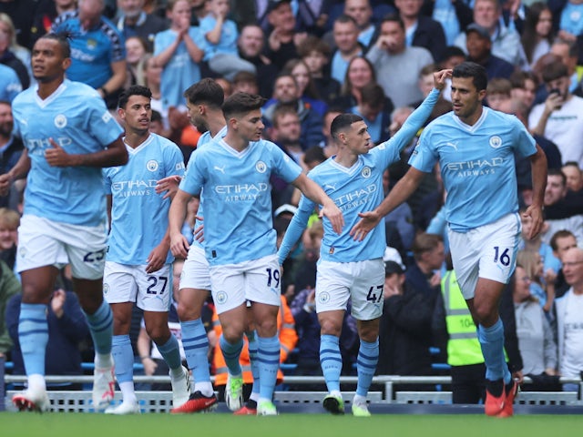 Manchester City's Phil Foden celebrates scoring their first goal on September 23, 2023