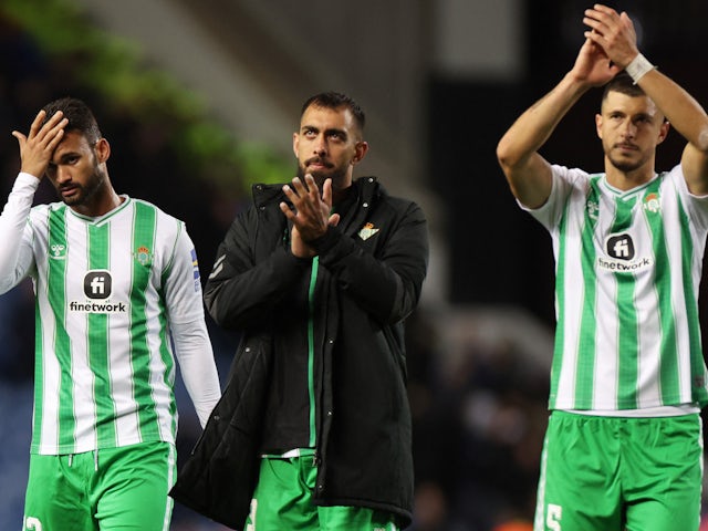 Real Betis' Borja Iglesias, Willian Jose and Guido Rodriguez look dejected after the match on September 21, 2023