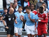 Manchester City's Rodri reacts after being shown a red card by referee Anthony Taylor on September 23, 2023