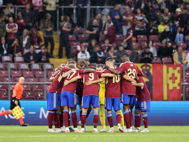Servette players huddle before the match on September 21, 2023