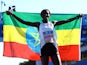 Tigist Assefa celebrates breaking the women's marathon world record in Berlin on September 24, 2023.
