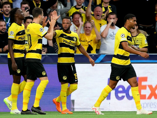 Young Boys' Meschack Elia celebrates scoring their first goal with teammate Sandro Lauper on September 19, 2023