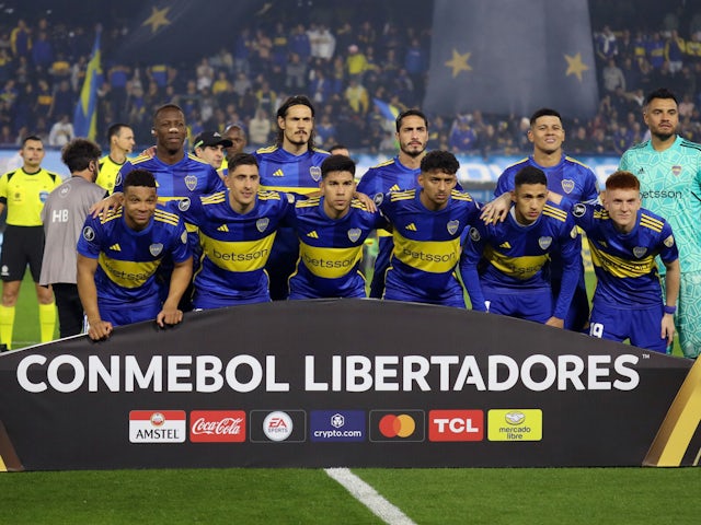Boca Juniors players pose for a team group photo before the match on September 28, 2023