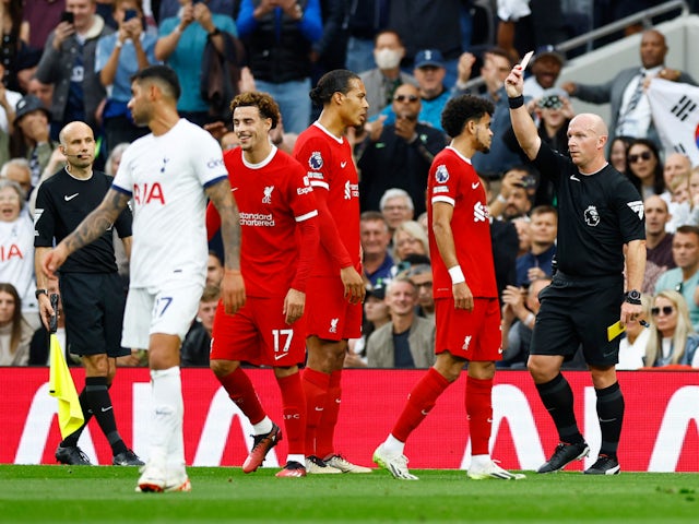 Liverpool's Curtis Jones is shown a red card by referee Simon Hooper on September 30, 2023