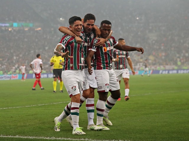 Fluminense's German Cano celebrates scoring their first goal with teammates on September 28, 2023