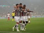 Fluminense's German Cano celebrates scoring their first goal with teammates on September 28, 2023