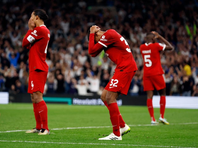Liverpool's Joel Matip looks dejected after scoring an own goal and Tottenham Hotspur's second on September 30, 2023