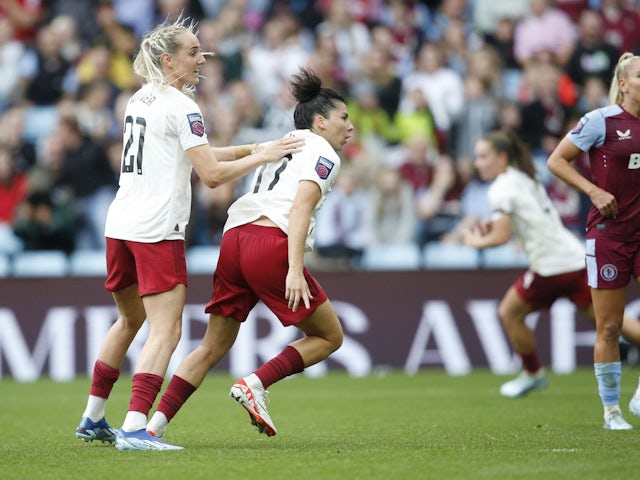 Manchester United Women's Lucia Garcia reacts after scoring their first goal on October 1, 2023