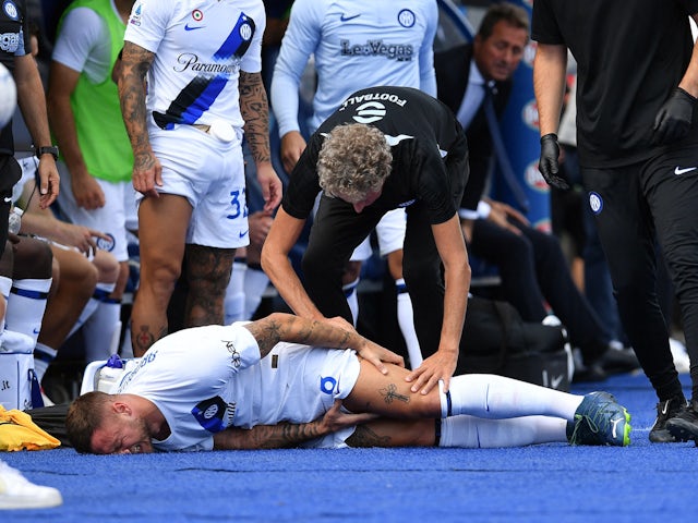 Inter Milan's Marko Arnautovic receives medical attention after sustaining an injury on September 24, 2023