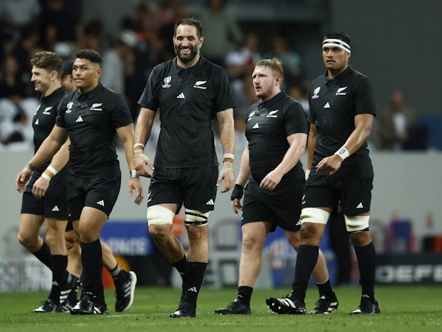 New Zealand's Samuel Whitelock and teammates after the match on September 27, 2023