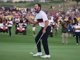 USA's Patrick Cantlay celebrates a win at the Ryder Cup on September 30, 2023.