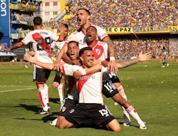 River Plate's Enzo Diaz celebrates scoring their second goal with teammates on October 1, 2023