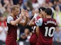 West Ham United's Tomas Soucek celebrates scoring their second goal with Lucas Paqueta on September 30, 2023