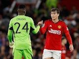 Manchester United's Andre Onana and Victor Lindelof celebrate after the match on September 26, 2023