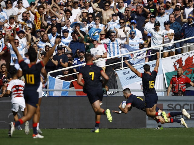 Argentina's Emiliano Boffelli scores their fourth try on October 8, 2023