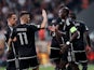 Besiktas' Vincent Aboubakar celebrates scoring their second goal with teammate Milot Rashica on October 5, 2023