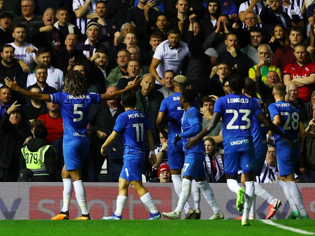 Birmingham City's Dion Sanderson celebrates scoring their second goal with teammates on October 6, 2023