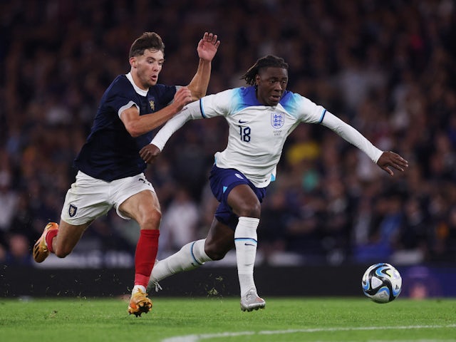 Scotland's Aaron Hickey in action with England's Eberechi Eze on September 12, 2023