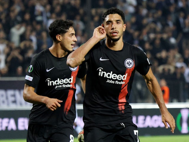 Eintracht Frankfurt's Omar Marmoush celebrates scoring their first goal with Fares Chaibi on October 5, 2023
