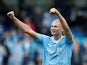 Manchester City's Erling Haaland celebrates after the match on September 23, 2023