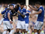 Everton's Jack Harrison celebrates scoring their second goal with teammates on October 7, 2023