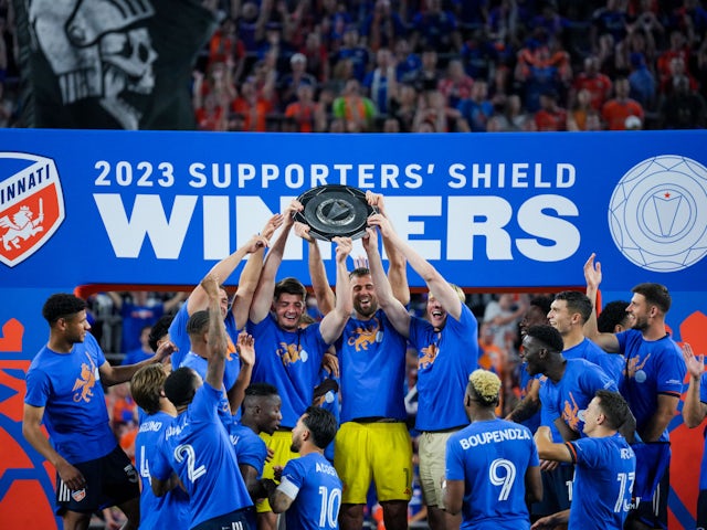 FC Cincinnati celebrate with the Supporters' Shield at TQL Stadium on October 5, 2023