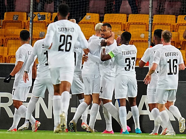 Ludogorets Razgrad's Olivier Verdon celebrates scoring their first goal with teammates on October 5, 2023