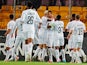 Ludogorets Razgrad's Olivier Verdon celebrates scoring their first goal with teammates on October 5, 2023