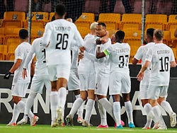 Ludogorets Razgrad's Olivier Verdon celebrates scoring their first goal with teammates on October 5, 2023