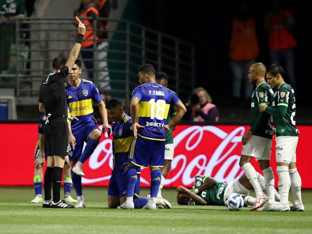 Boca Juniors' Marcos Rojo is shown a red card by referee on October 6, 2023